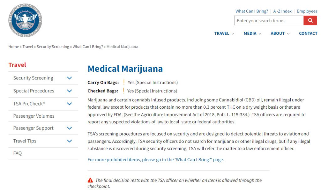 Can you fly with CBD Oil? Screenshot from the TSA's website on Travelling with Medical Marijuana